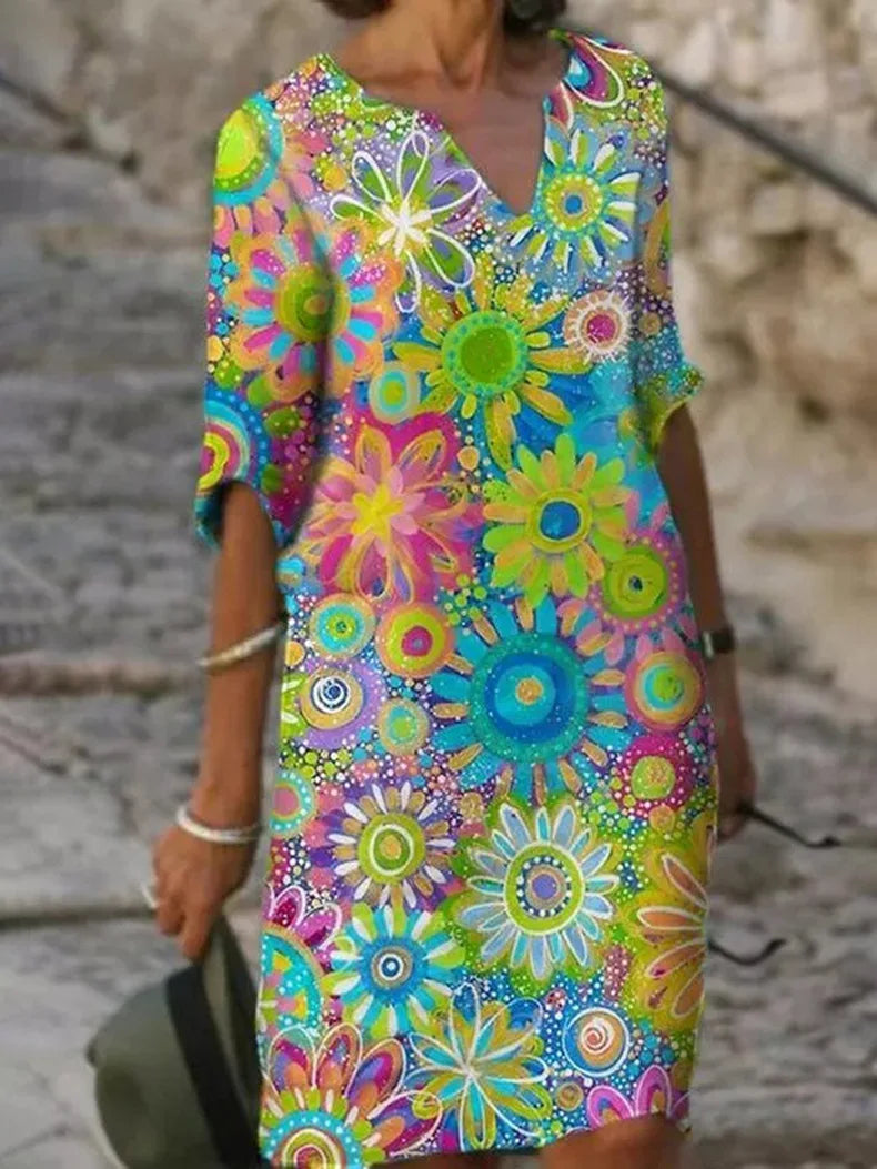 Jolanda-Kleid: V-Ausschnitt, Blumenmuster