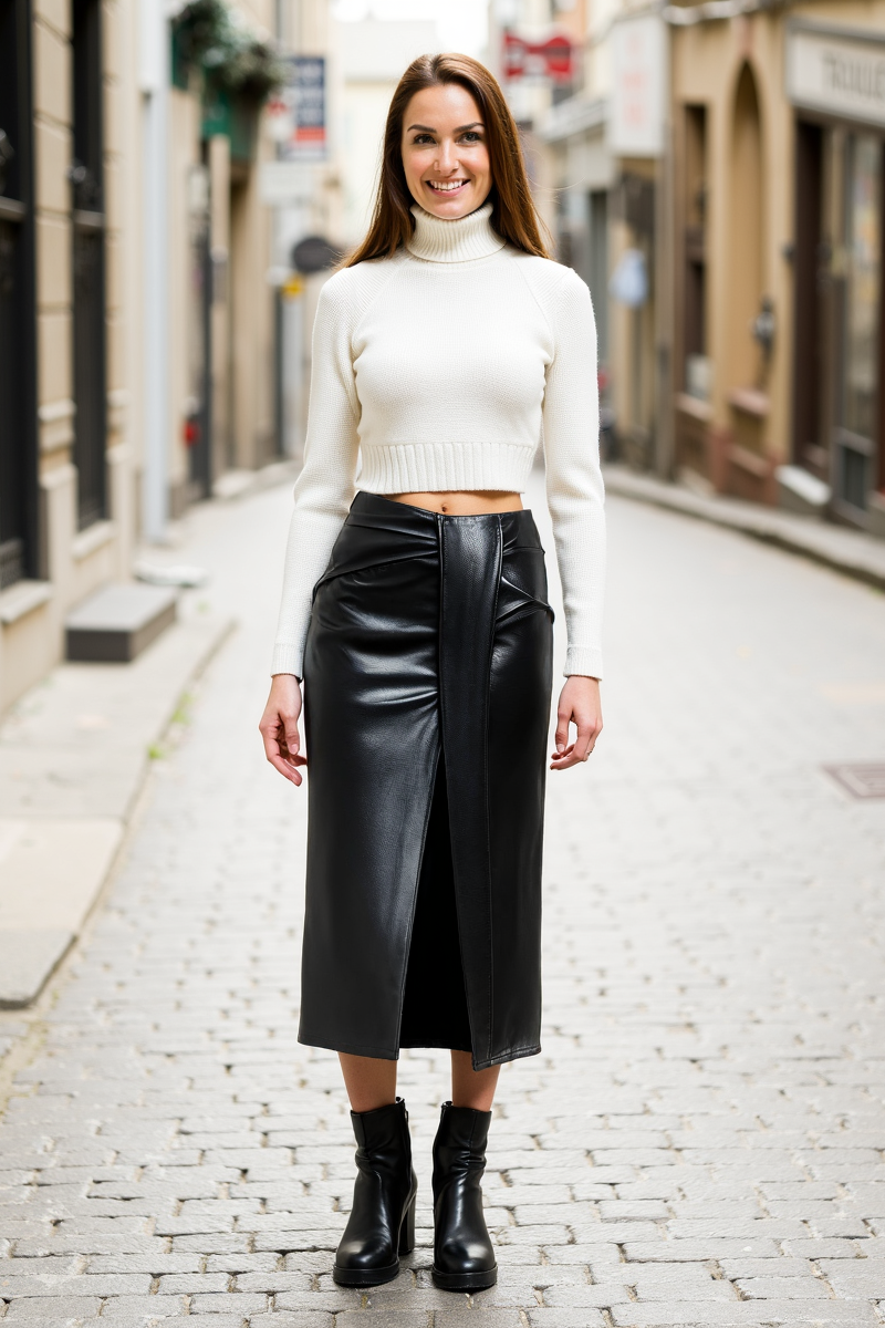 Kunstlederrock Damen Elegant Mittellang Wickelrock - BerlinGlamour
