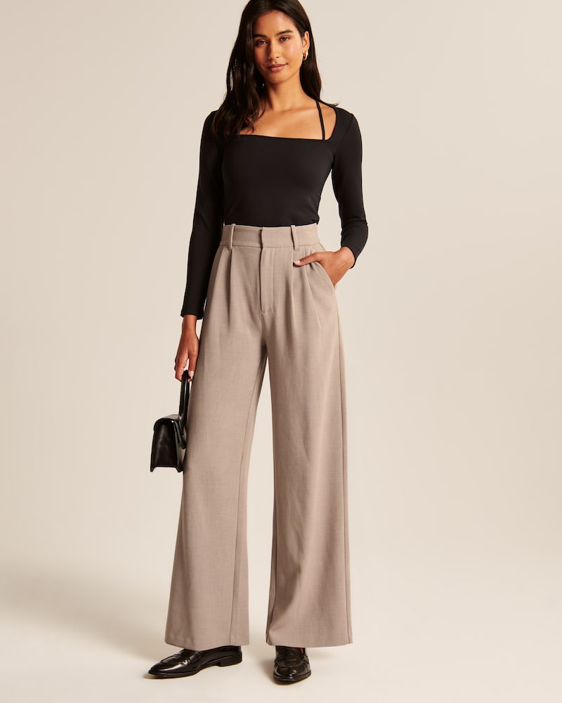 Elegante Damen-Hose High-Waist mit weitem Bein Sandfarben