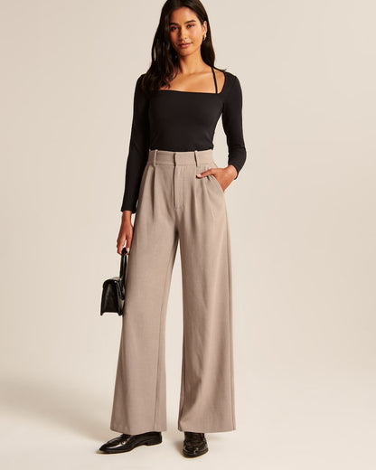 Elegante Damen-Hose High-Waist mit weitem Bein Sandfarben