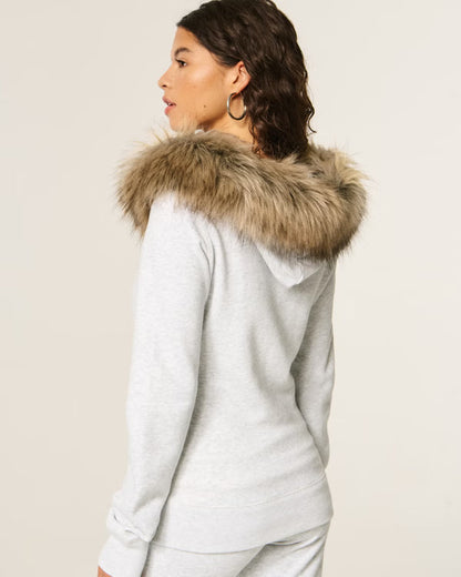 Norvera Fur Lounge Hoodie hellgrau mit Kunstfellkapuze Rückansicht