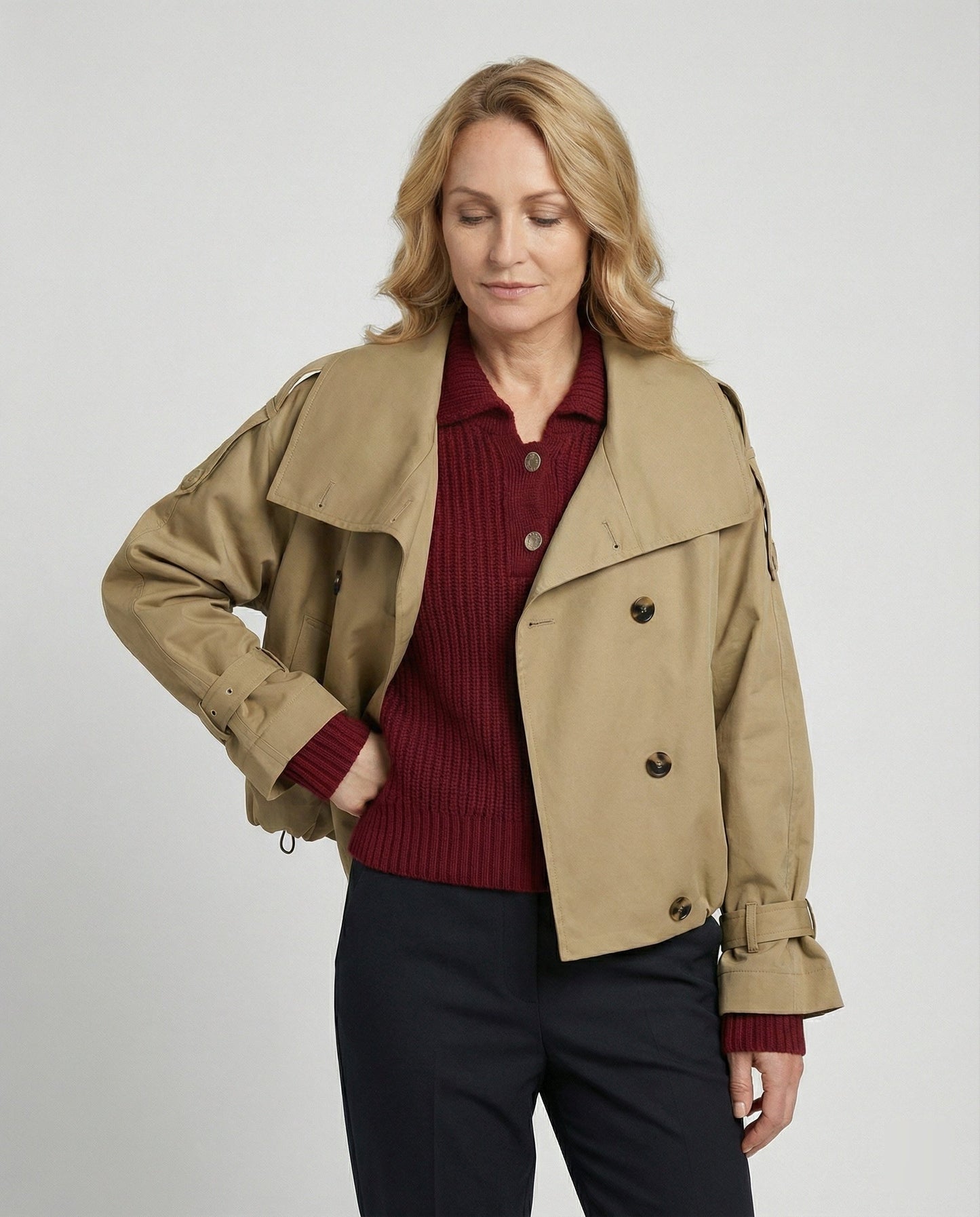 Damen Trenchcoat Kurz Oversize Beige Herbstjacke - BerlinGlamour