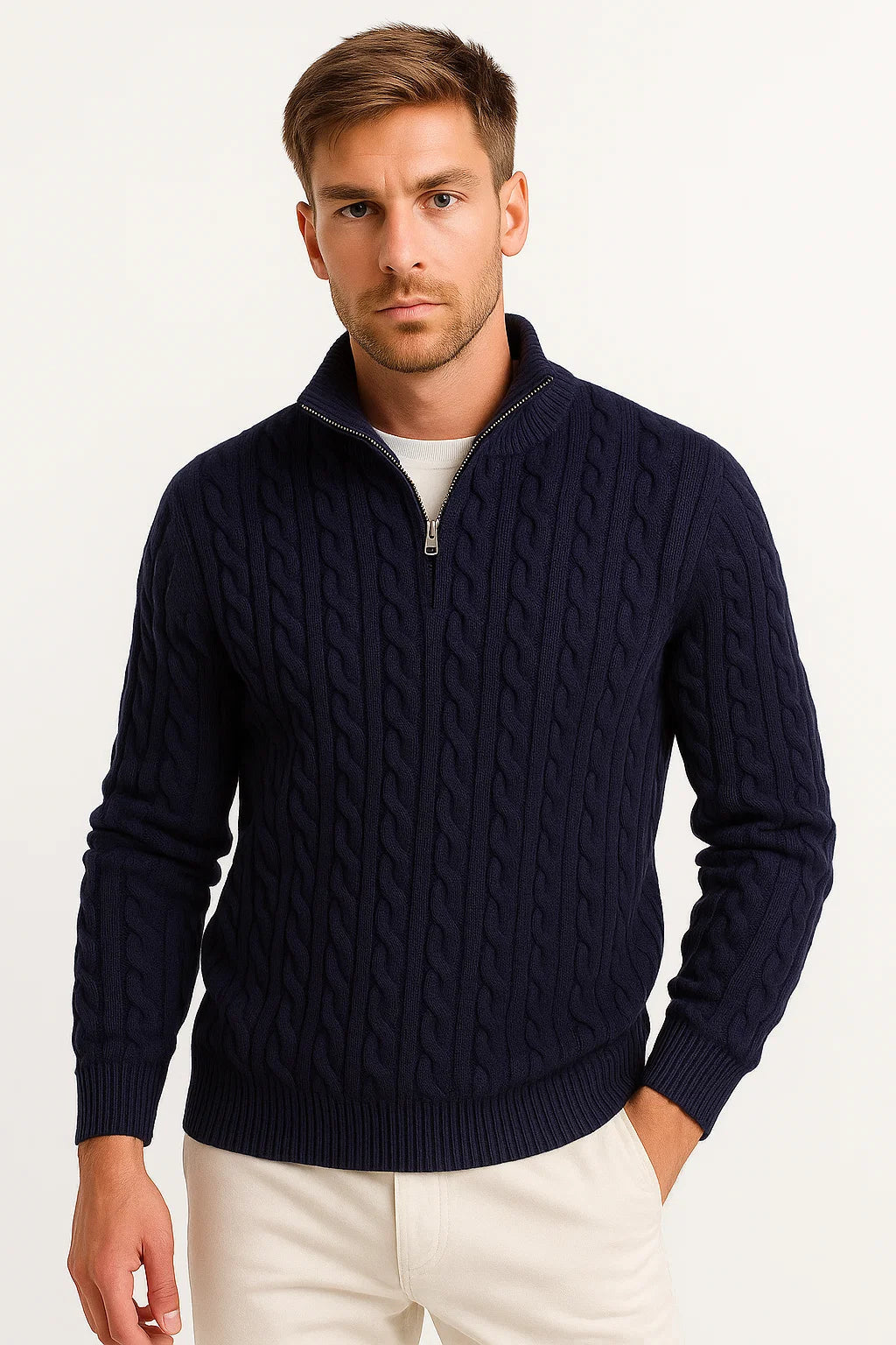 Herren Strickpullover Frühling Zopf Muster Reißverschluss - BerlinGlamour