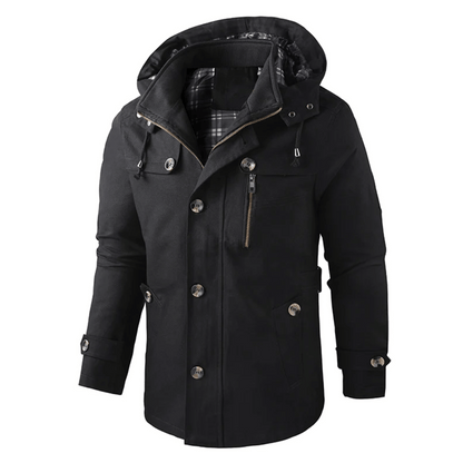 Kapuzenjacke - Winddichte einreihige Jacke mit Reißverschluss für Männer-Schwarz-S-Chaps Herrenmode