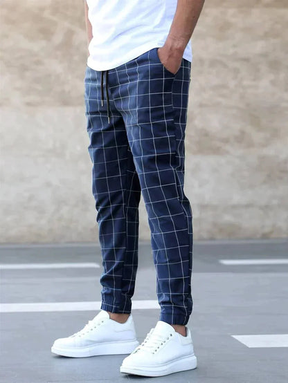 Karierte Hose - Kordelzug - Elastische Knöchel - Jogger - Modische Herrenhosen-Blau-S-Chaps Herrenmode