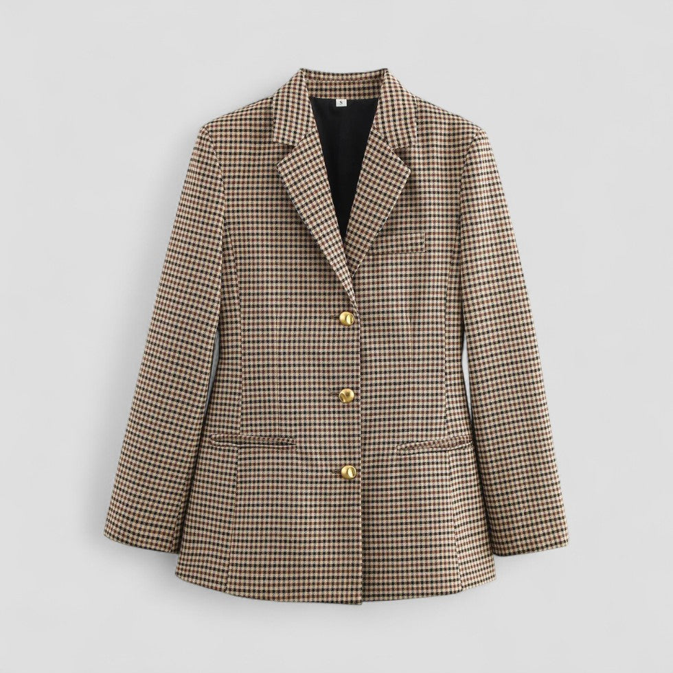 Karierter Vintage-Blazer für Damen mit goldenem Knopf 0
