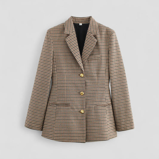 Karierter Vintage-Blazer für Damen mit goldenem Knopf 0