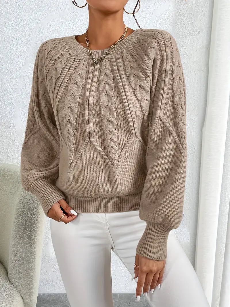 Damen Pullover Strick Kabelmuster Elegante Ballonärmel
