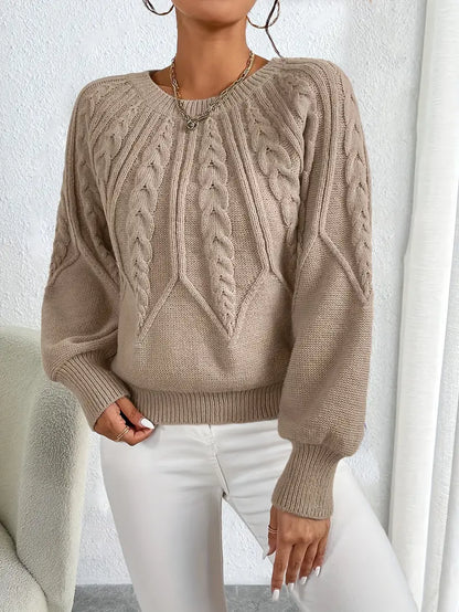 Damen Pullover Strick Zopfmuster Elegante Rundhals