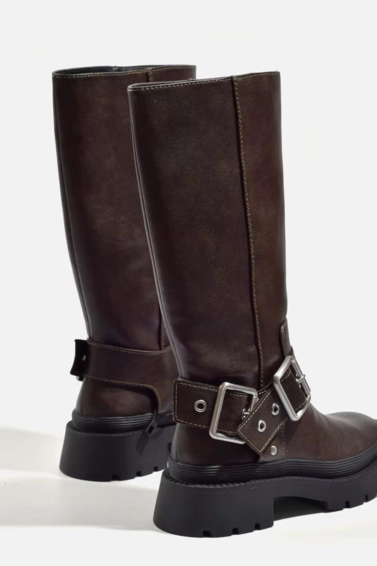 Damen Bikerstiefel Robust Reitstiefel Schwarz