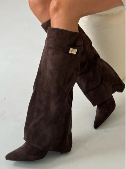 Damen Stiefel Wildleder Spitze Absatz Knielang