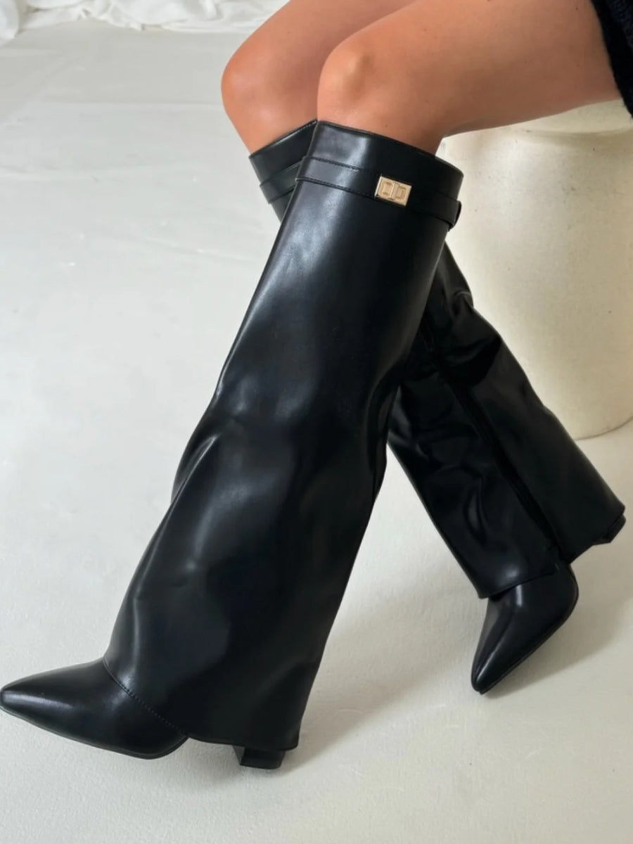Damen Stiefel Wildleder Spitze Absatz Knielang