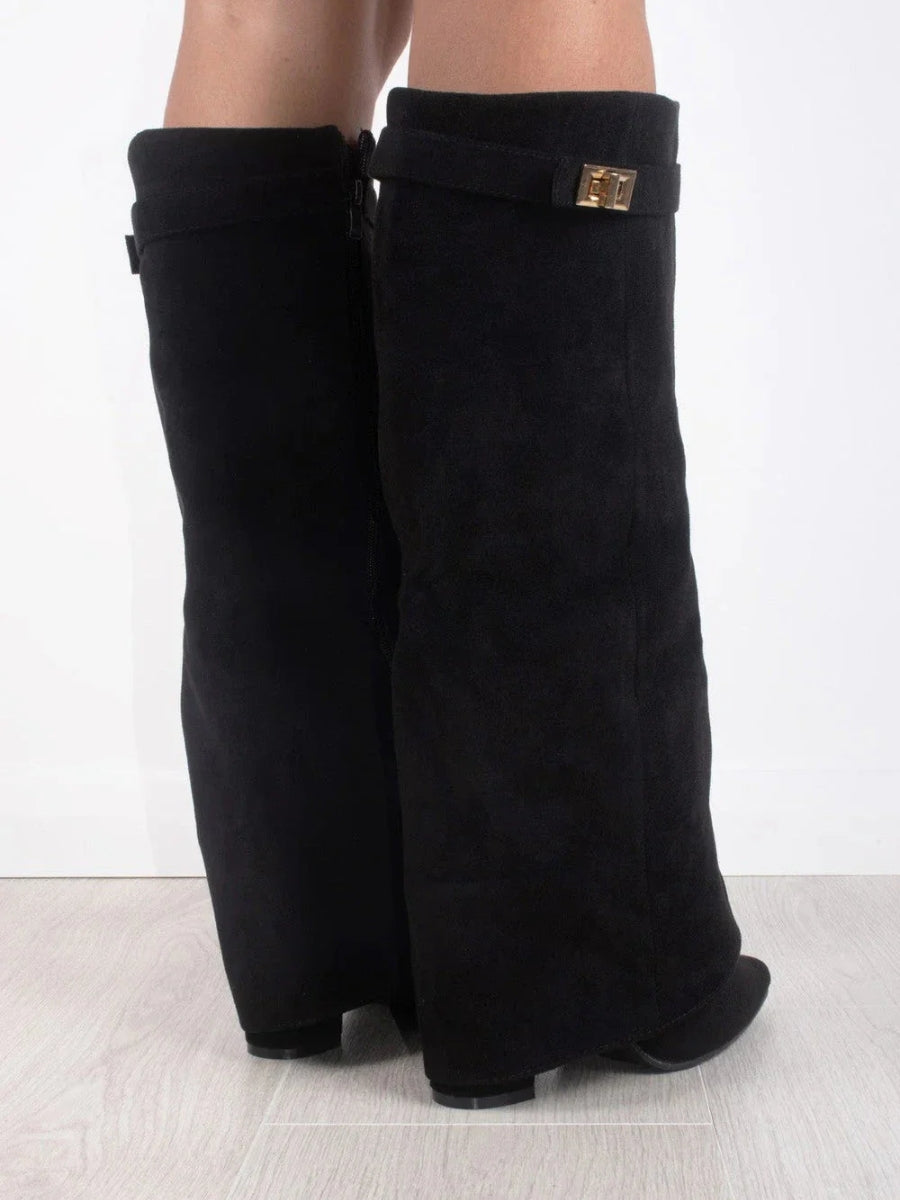 Damen Stiefel Wildleder Spitze Absatz Knielang