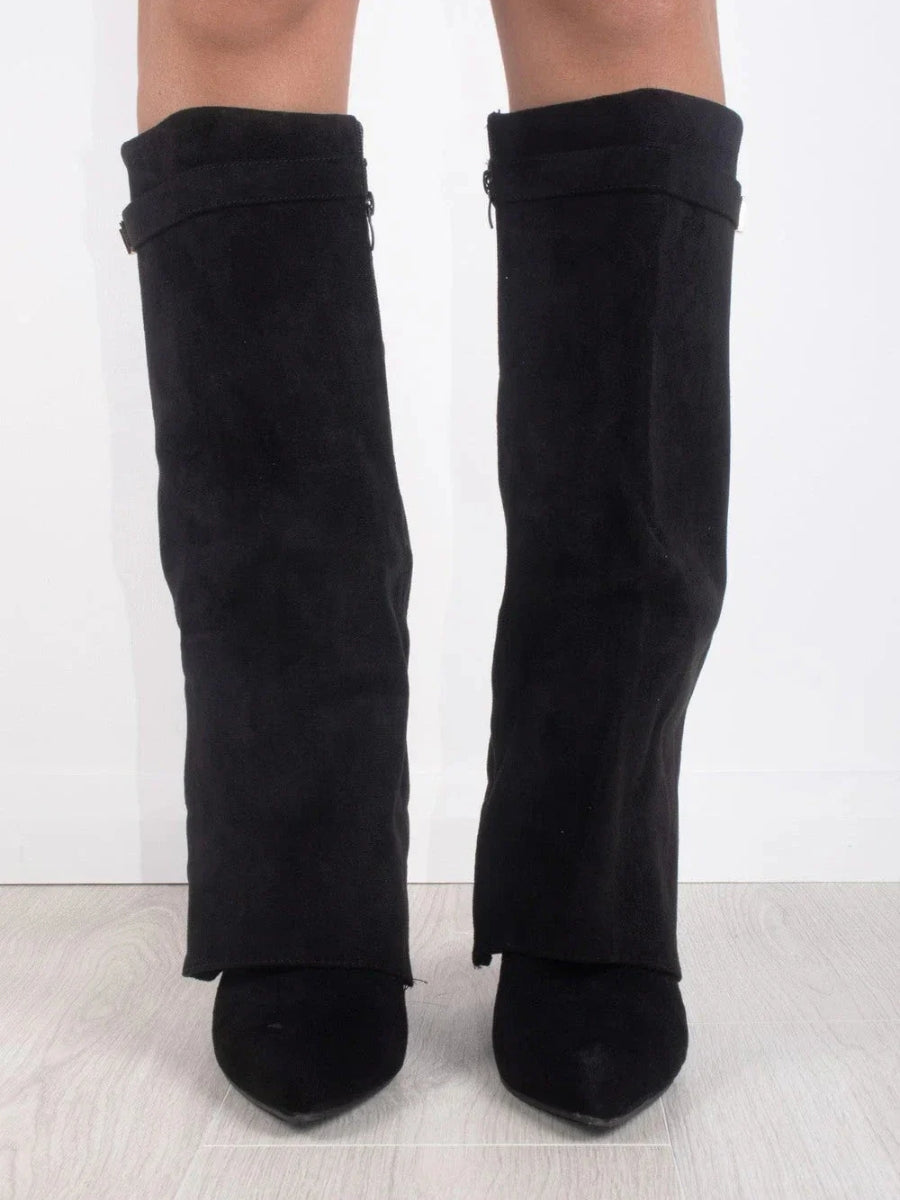 Kniehohe Stiefel – Damenstiefel aus Wildlederimitat mit spitzer Zehenpartie und Absatz-Chaps Herrenmode