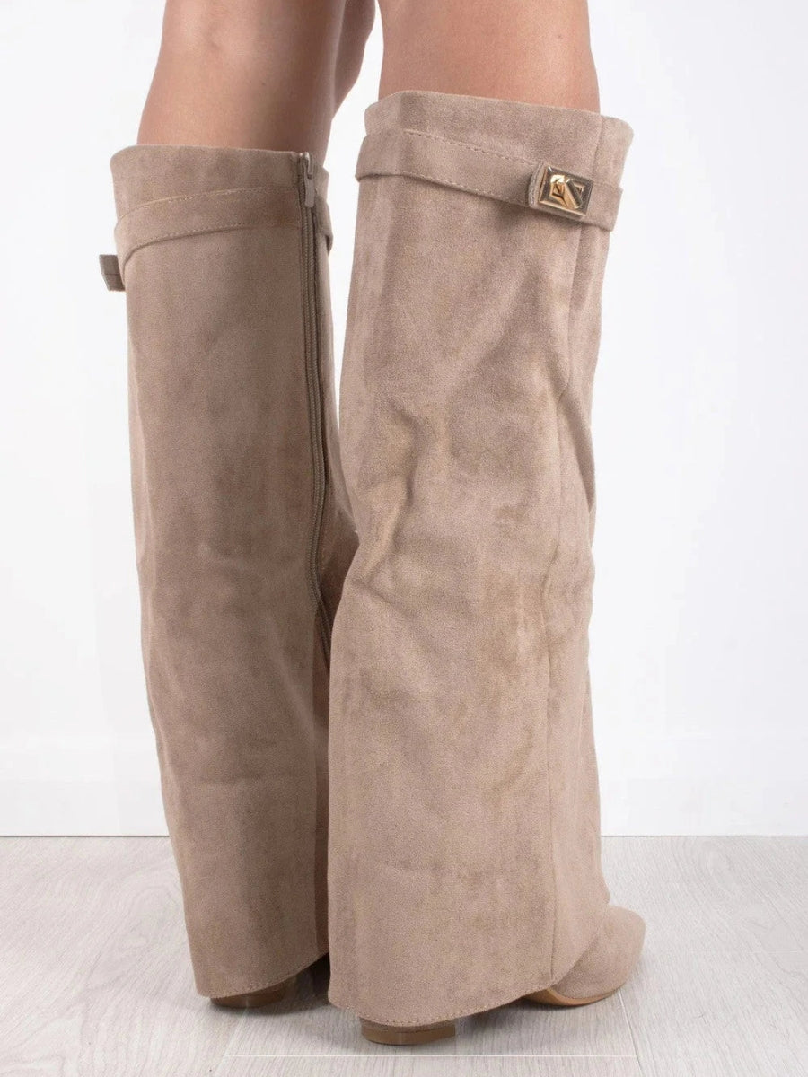 Kniehohe Stiefel – Damenstiefel aus Wildlederimitat mit spitzer Zehenpartie und Absatz-Chaps Herrenmode