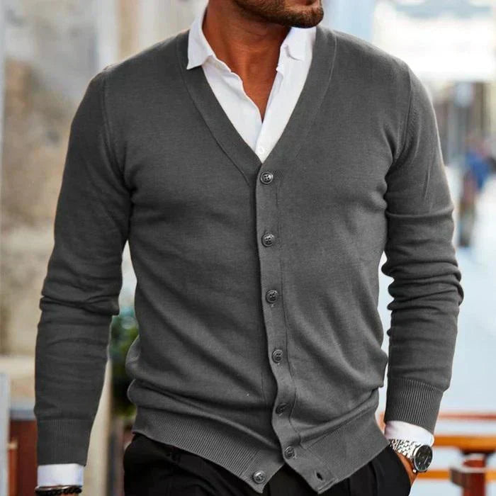 Knopfleiste-Strickjacke – Leicht – V-Ausschnitt – Strickjacke – Herren-Strickmode-Grau-S-Chaps Herrenmode