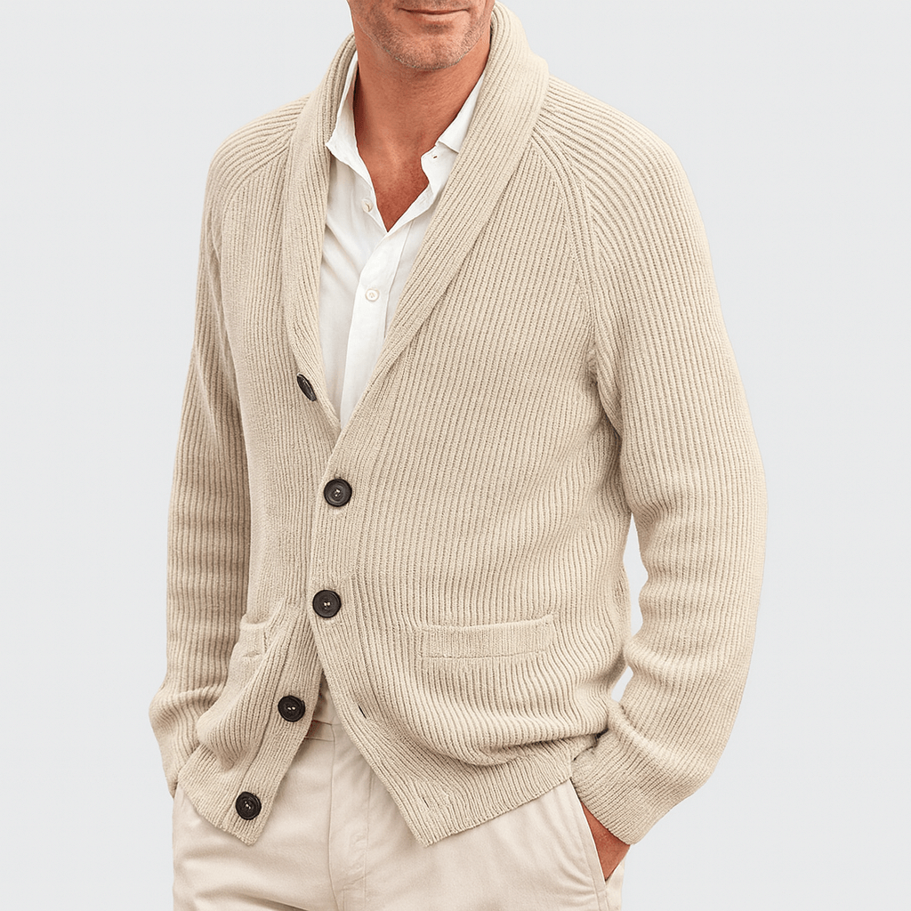 Knopfleiste-Strickjacke – Warm – Gerippt – Gestrickte Strickjacke – Herren-Strickjacke-Beige-S-Chaps Herrenmode