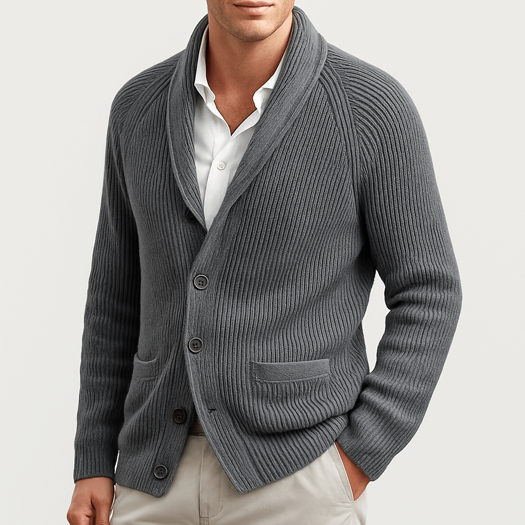 Knopfleiste-Strickjacke – Warm – Gerippt – Gestrickte Strickjacke – Herren-Strickjacke-Grau-S-Chaps Herrenmode