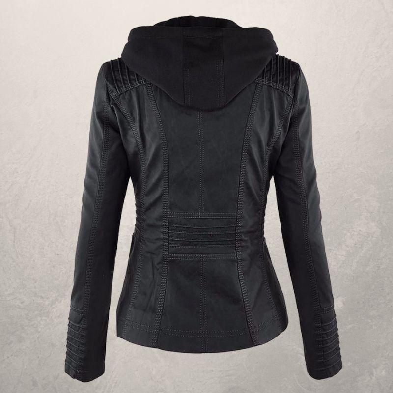 Lederjacke Damen Slim Fit Kapuzenjacke Schwarz