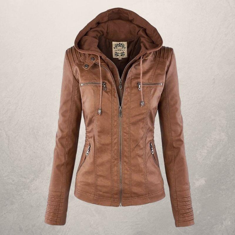 Lederjacke Damen Slim Fit Kapuzenjacke Schwarz