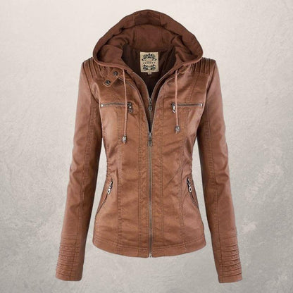 Lederjacke Damen Slim Fit Kapuzenjacke Schwarz