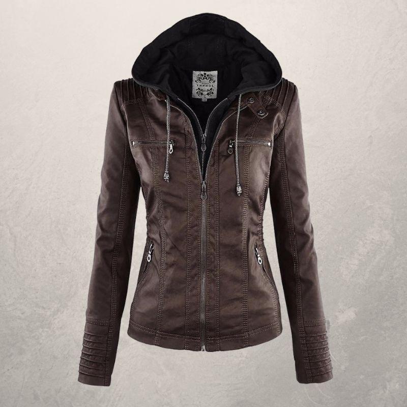 Lederjacke Damen Slim Fit Kapuzenjacke Schwarz