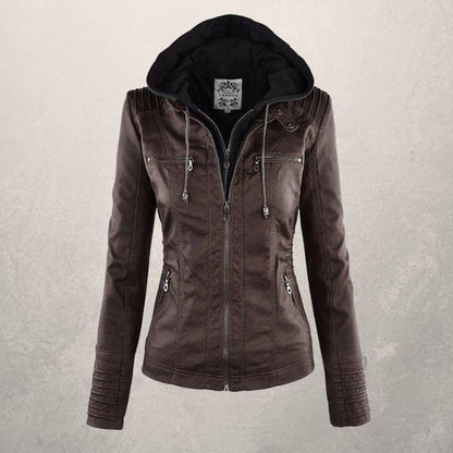Lederjacke Damen Slim Fit Kapuzenjacke Schwarz