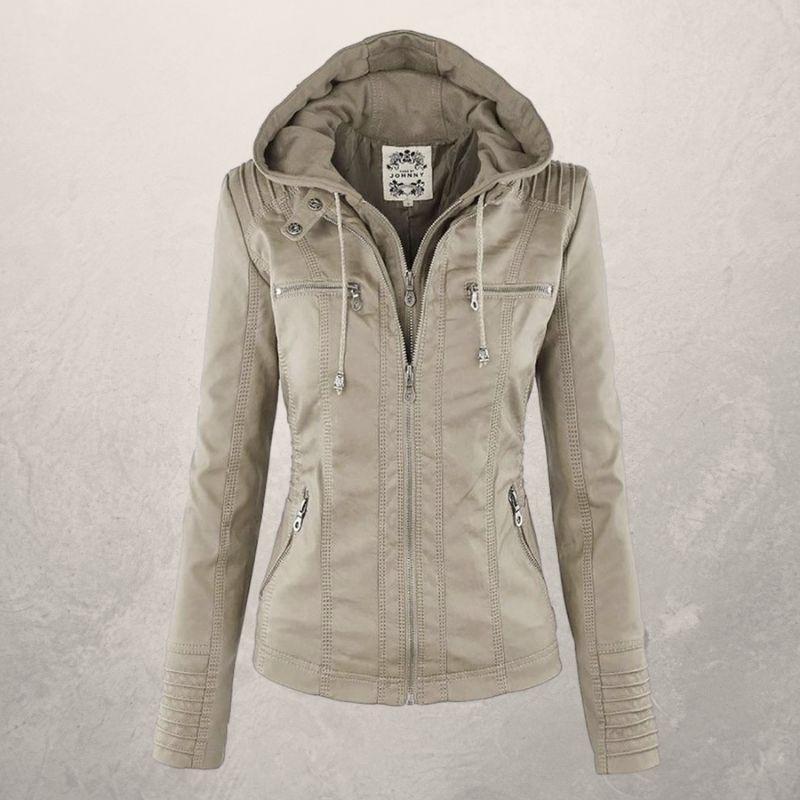 Lederjacke Damen Slim Fit Kapuzenjacke Schwarz
