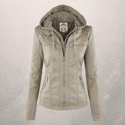 Lederjacke Damen Slim Fit Kapuzenjacke Schwarz