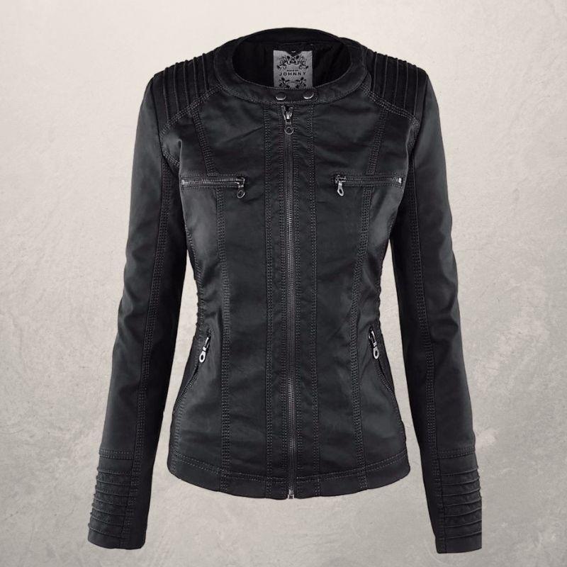 Lederjacke Damen Slim Fit Kapuzenjacke Schwarz