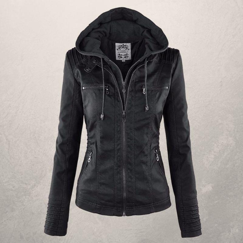 Lederjacke Damen Slim Fit Kapuzenjacke Schwarz