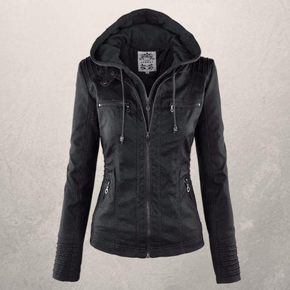 Lederjacke Damen Slim Fit Kapuzenjacke Schwarz