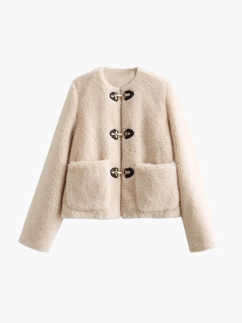 Kunstpelz-Teddyjacke mit Knebelverschluss für Damen 0