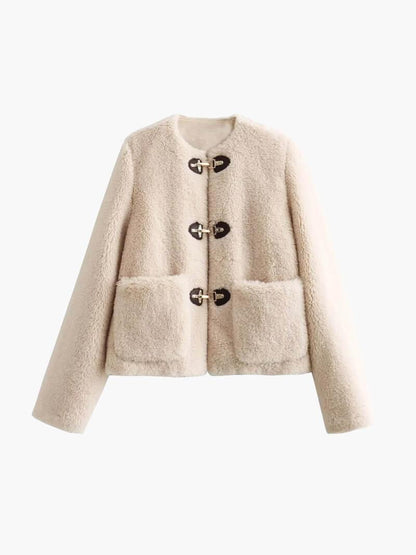 Kunstpelz-Teddyjacke mit Knebelverschluss für Damen 0