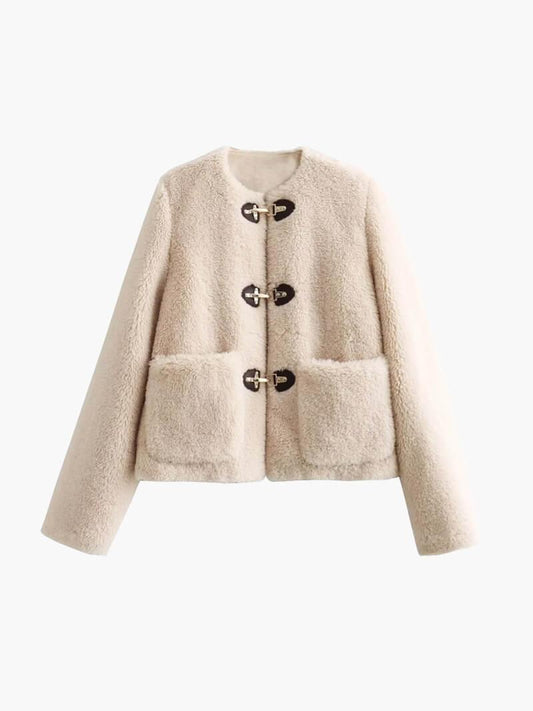 Kunstpelz-Teddyjacke mit Knebelverschluss für Damen 0