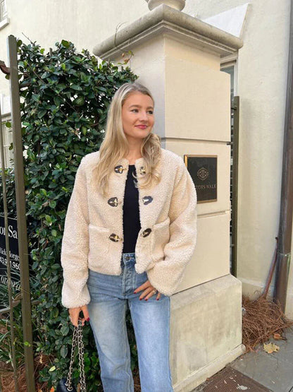 Kunstpelz-Teddyjacke mit Knebelverschluss für Damen 4