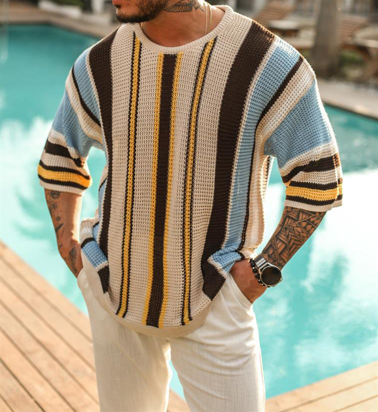 Herren Pullover Kurzarm Gestreift Lockere Passform Sommer - BerlinGlamour