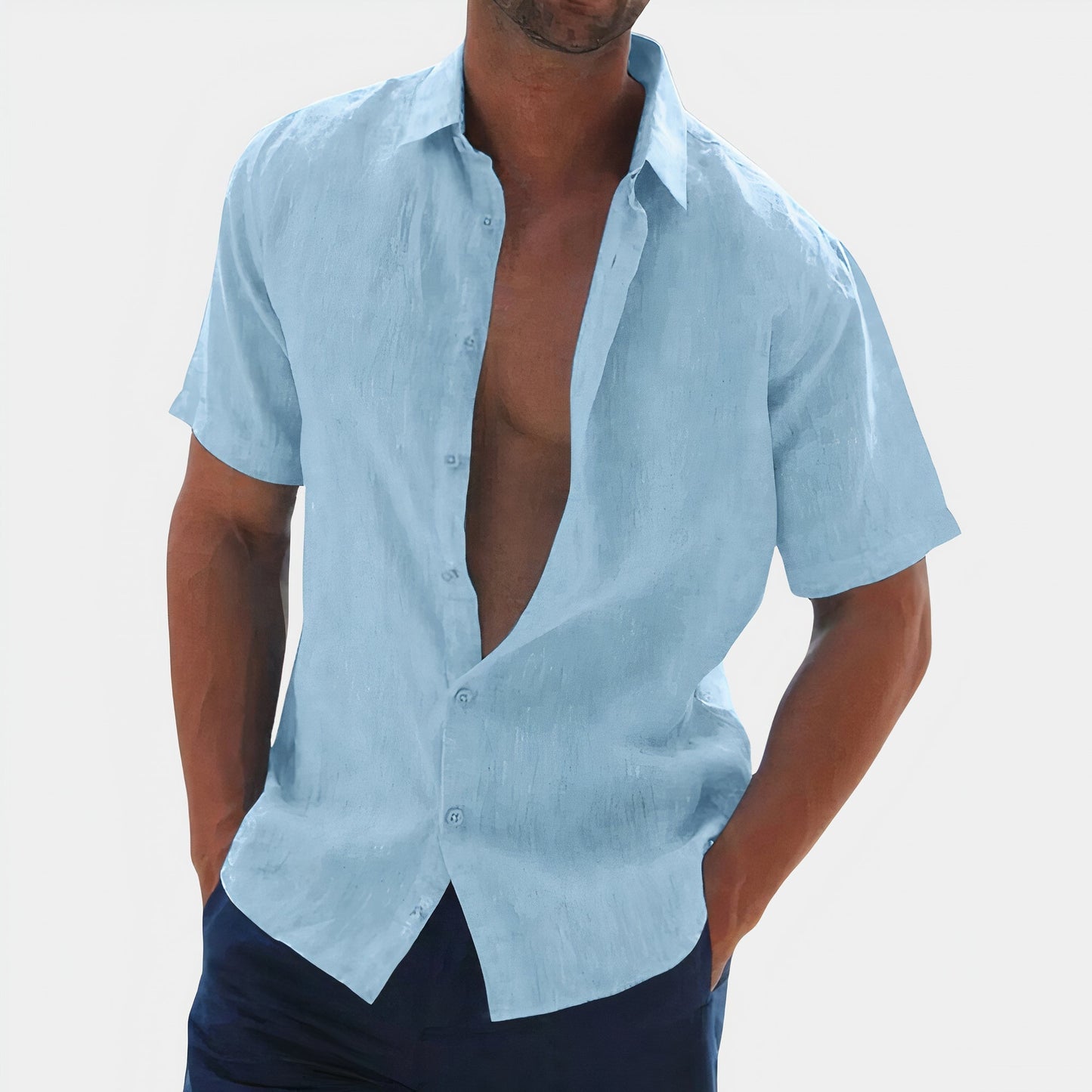 Kurzärmeliges Hemd - Herren Hemd mit Knopfleiste für den Sommer-Himmelblau-S-Chaps Herrenmode