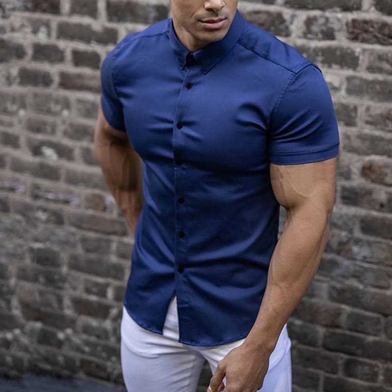 Kurzarmhemd | Einfarbig | Schmal geschnitten | Hemd mit Knöpfen | Herrenhemd-Dunkelblau-S-Chaps Herrenmode