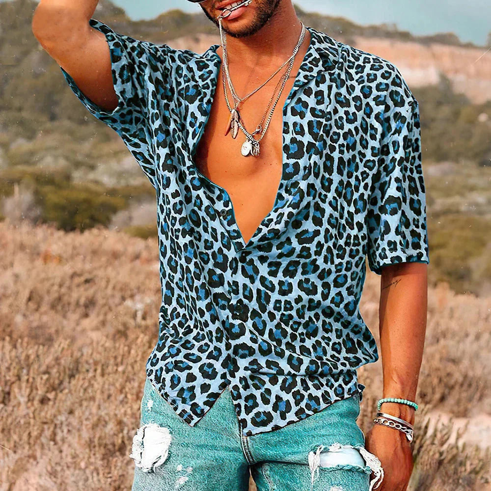 Herren Sommerhemd Kurzarm Leopard Print Button Down - BerlinGlamour