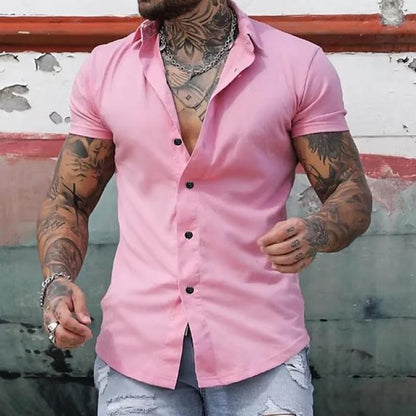 Kurzarmhemd | Modisch | Schmal geschnitten | Hemd mit Knöpfen | Herrenhemden-Rosa-M-Chaps Herrenmode