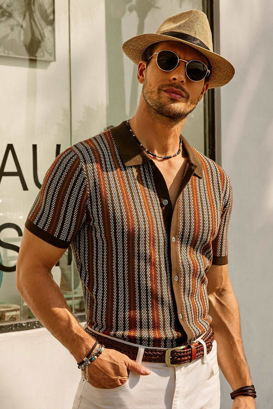 Herrenhemd Kurzarm Gestreift Kragen Vintage - BerlinGlamour