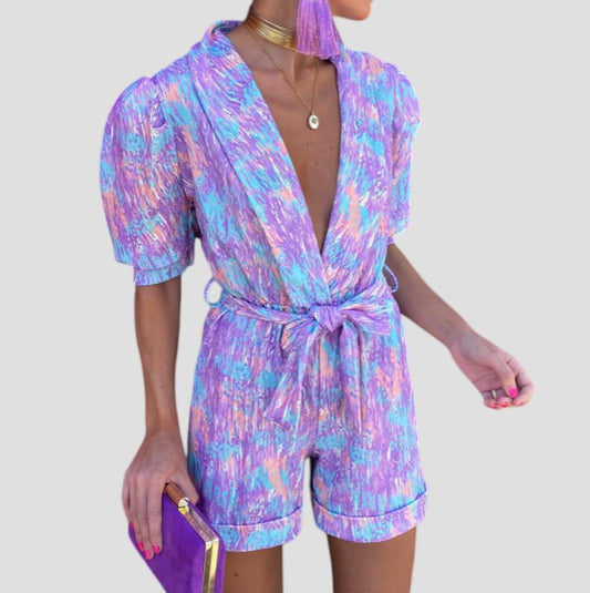 Kurzärmliger Damen-Jumpsuit mit Gürtel 0