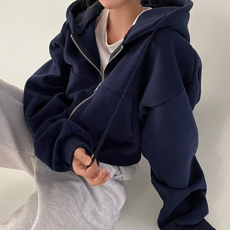 Kurzer Hoodie – Durchgehender Reißverschluss – Abgesenkte Schultern – Hoodie mit Reißverschluss – Damen-Hoodie-Blau-M-Chaps Herrenmode
