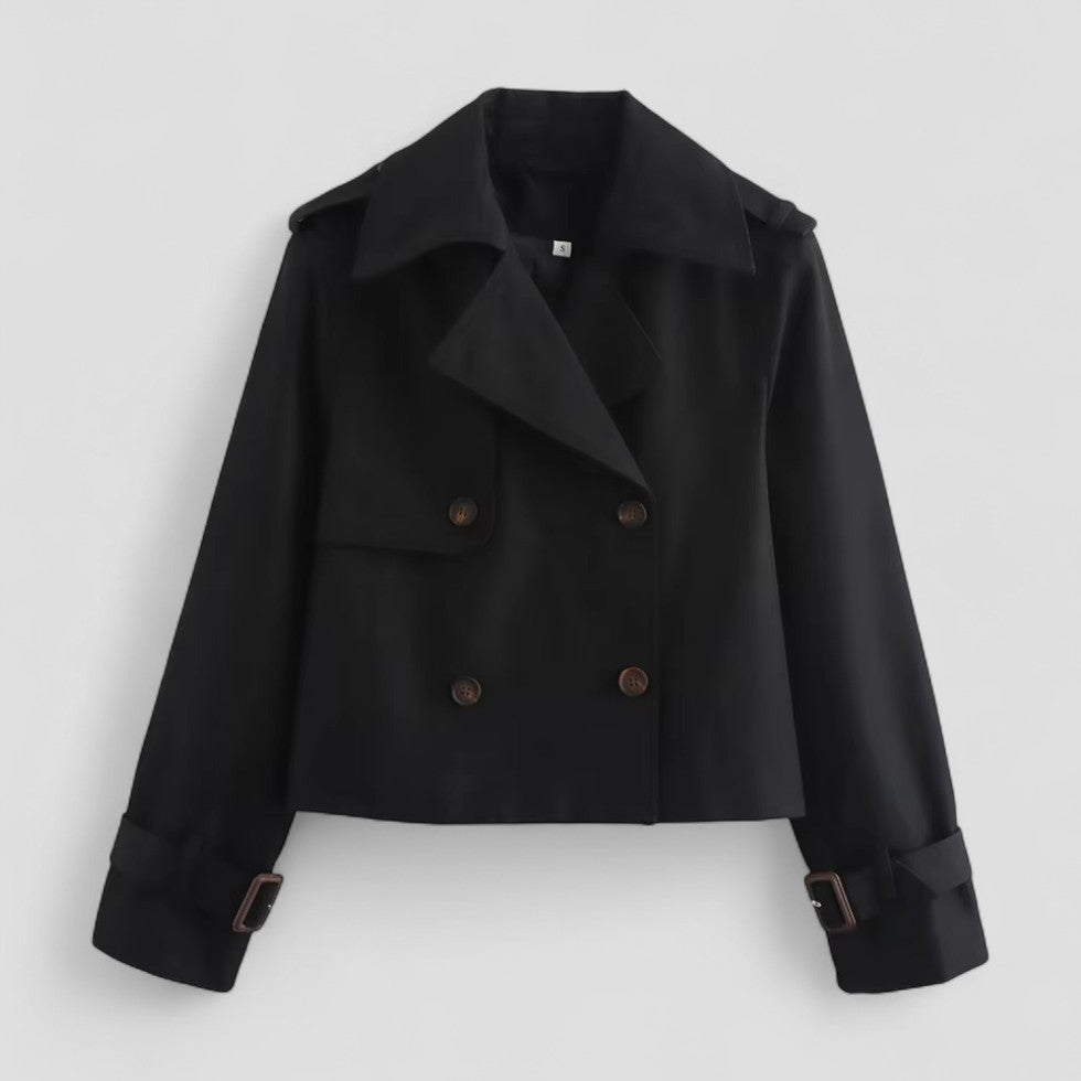 Kurzer Trenchcoat für Damen, zweireihig, langärmlig 0