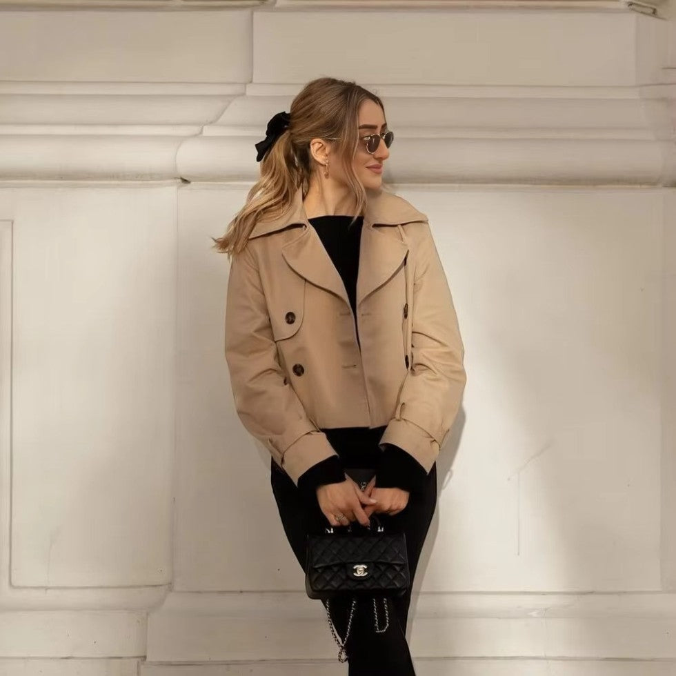 Kurzer Trenchcoat für Damen, zweireihig, langärmlig 3