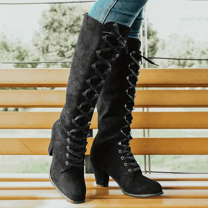 Hoher Damen-Stiefel mit Absatz Schlanke Mode Stiefel Schwarz