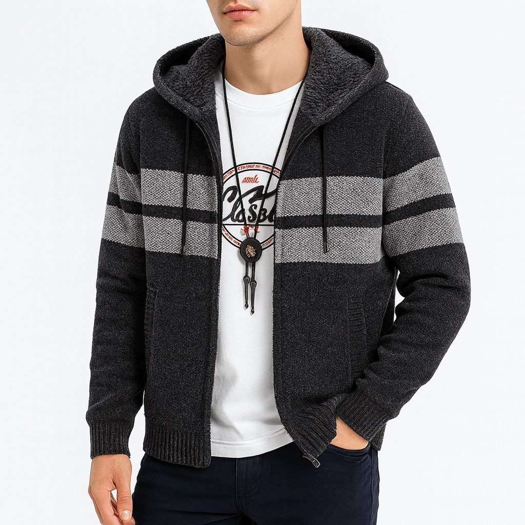 LUXEOUTFIT | Fleecegefütterter, gestreifter Kapuzenpullover mit Reißverschluss 0