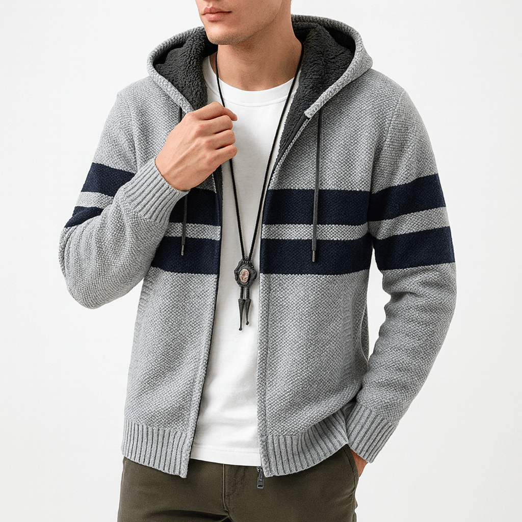 LUXEOUTFIT | Fleecegefütterter, gestreifter Kapuzenpullover mit Reißverschluss 1