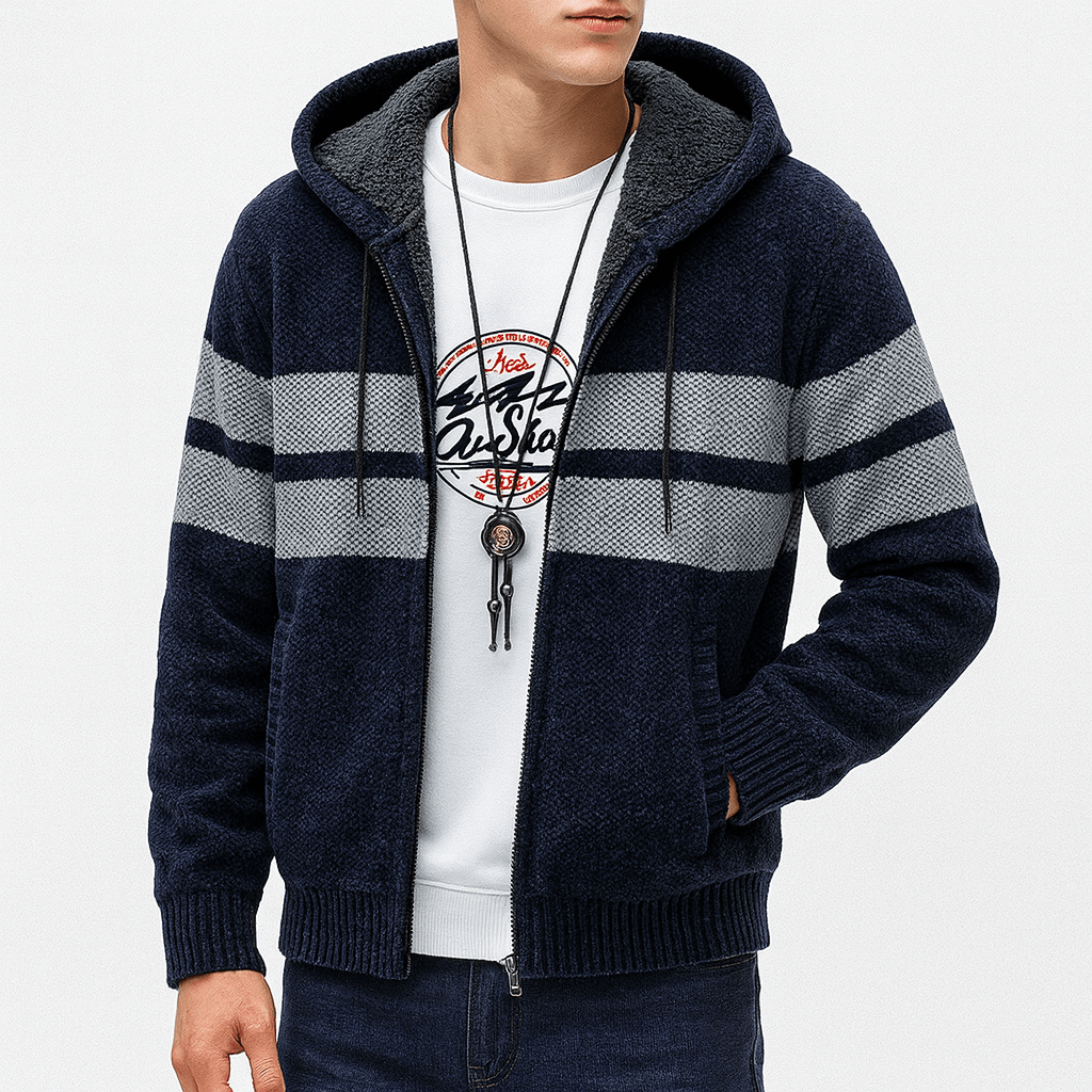 LUXEOUTFIT | Fleecegefütterter, gestreifter Kapuzenpullover mit Reißverschluss 2